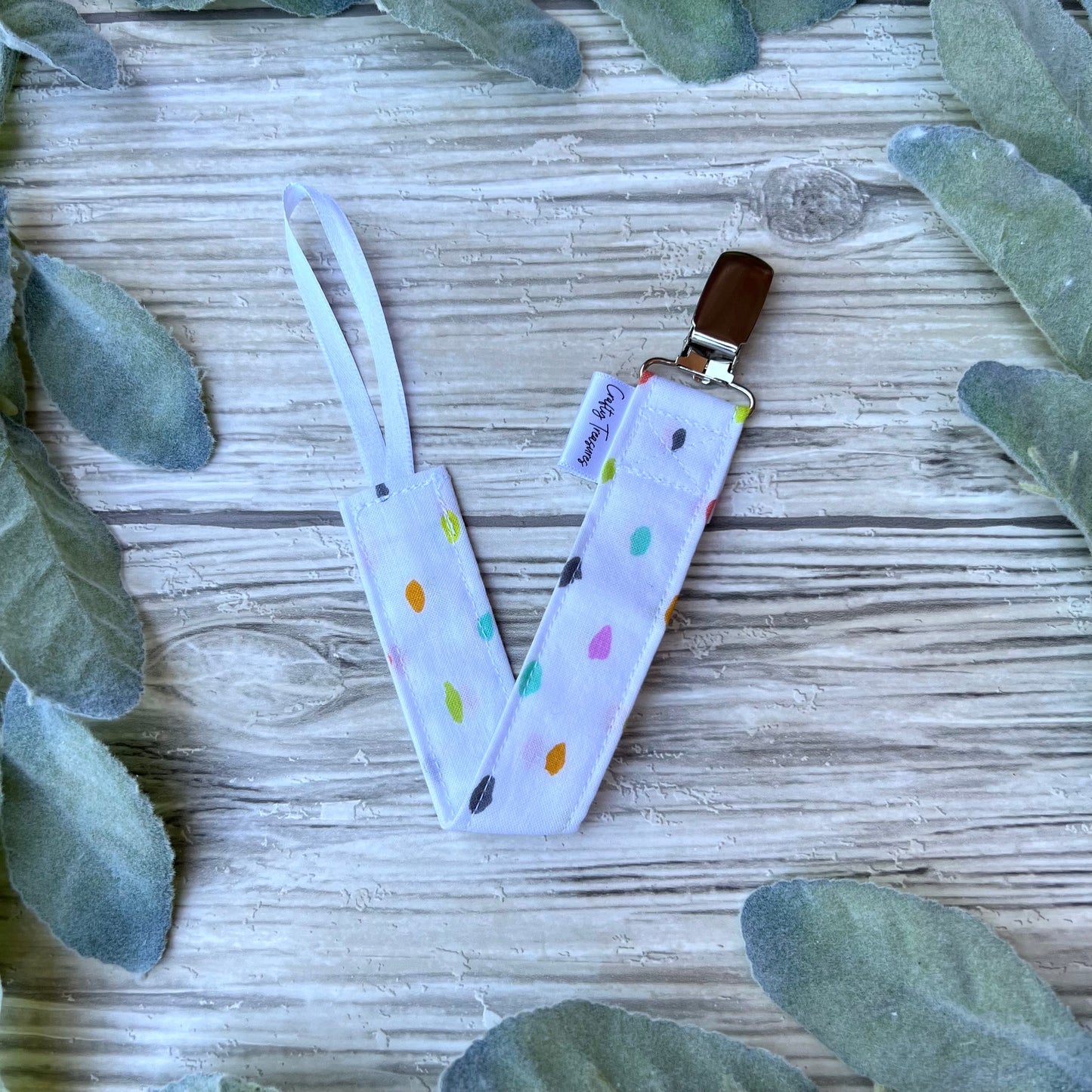 Colorful Dots on White Pacifier Clip