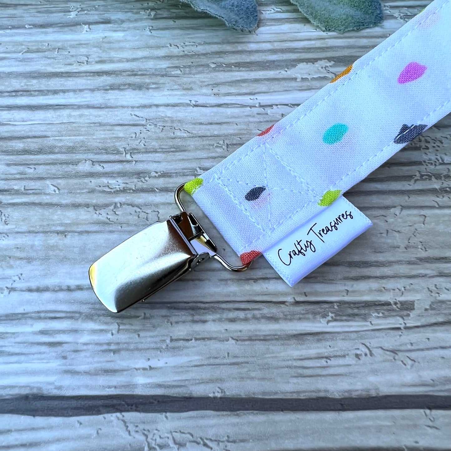 Colorful Dots on White Pacifier Clip