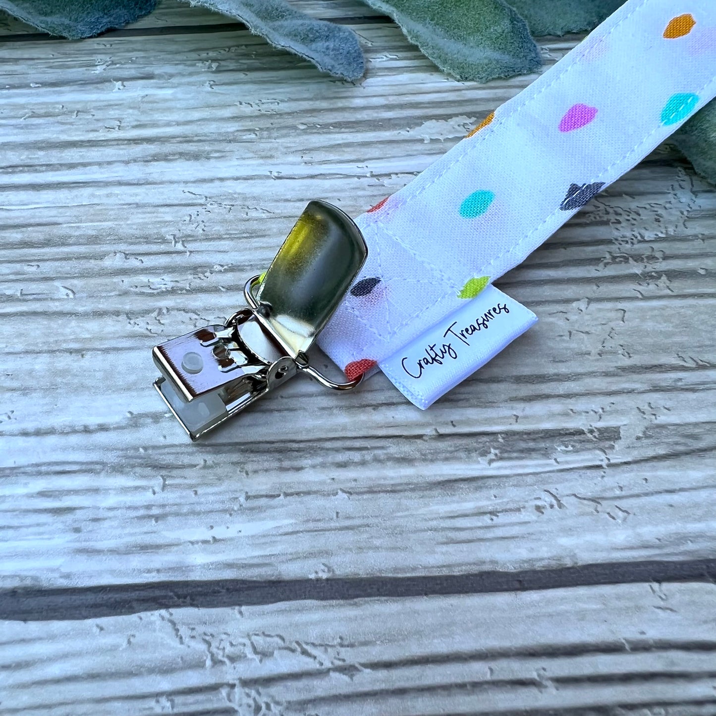 Colorful Dots on White Pacifier Clip