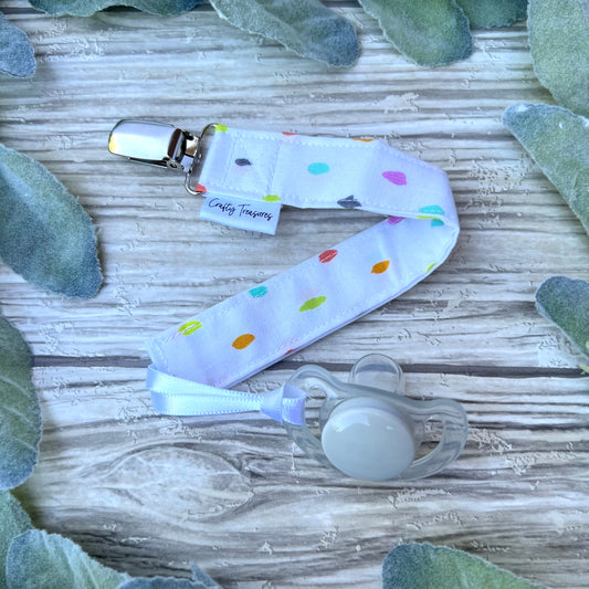 Colorful Dots on White Pacifier Clip