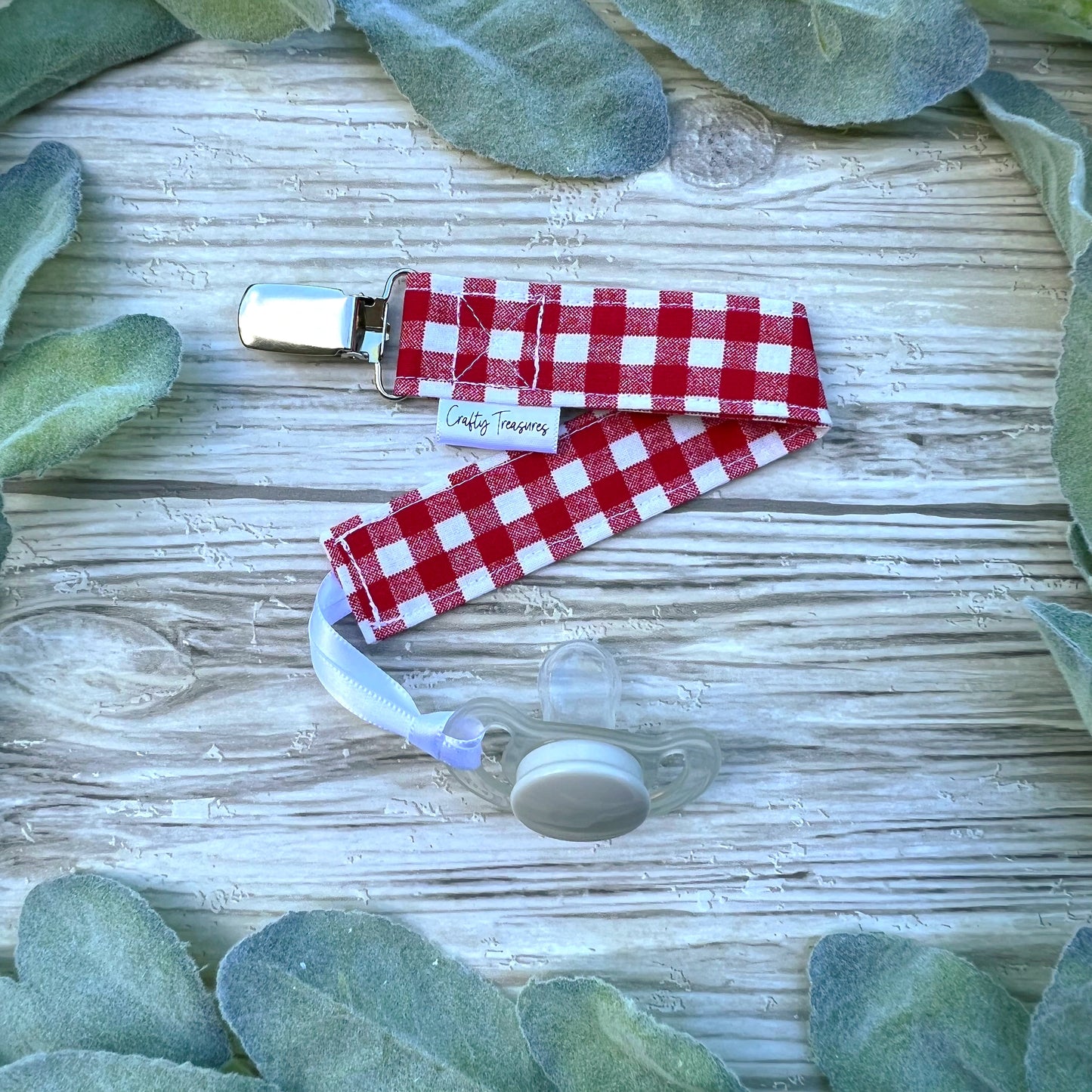 Red Gingham Pacifier Clip