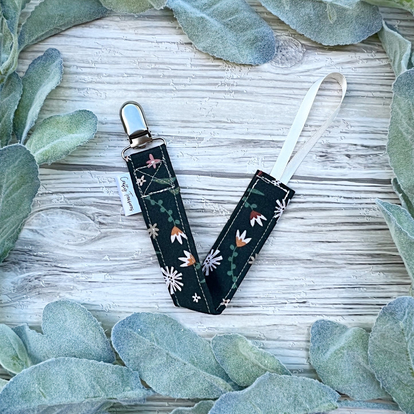 Dark Green Floral Pacifier Clip