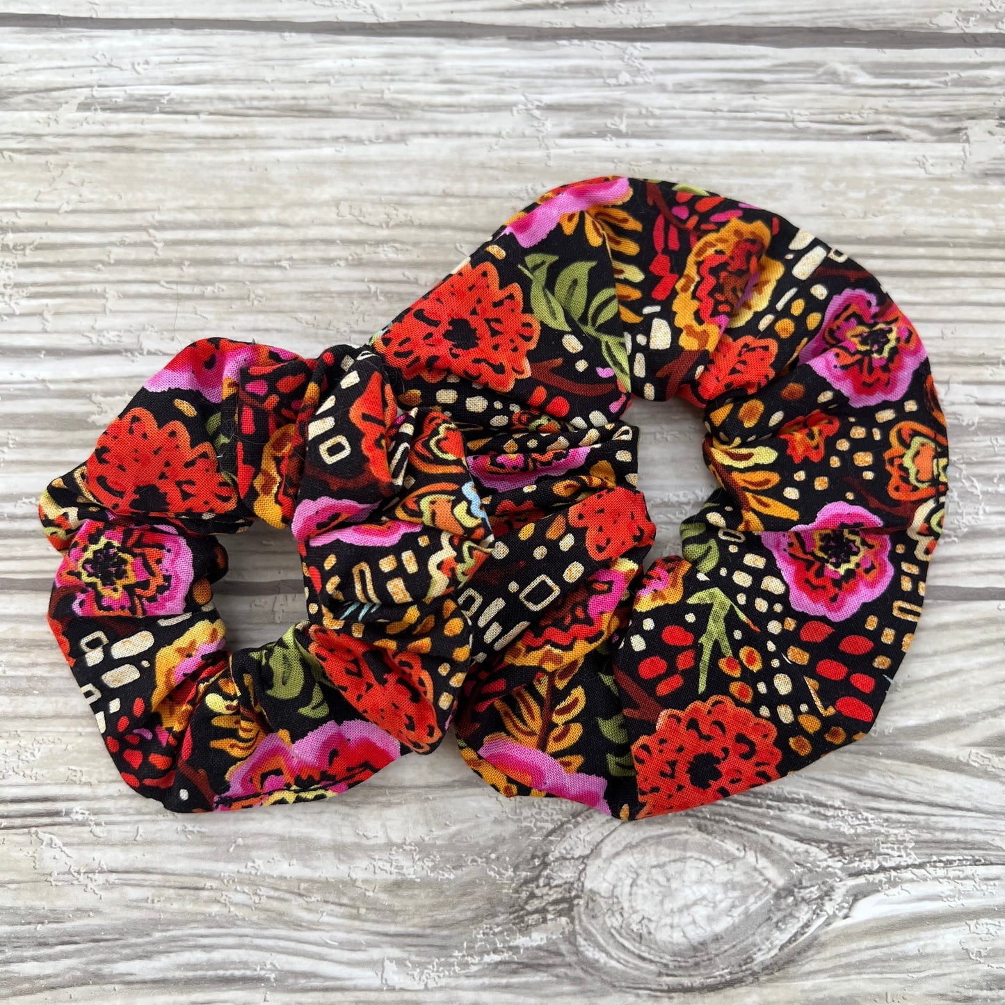 Black Retro Floral Cotton Scrunchie