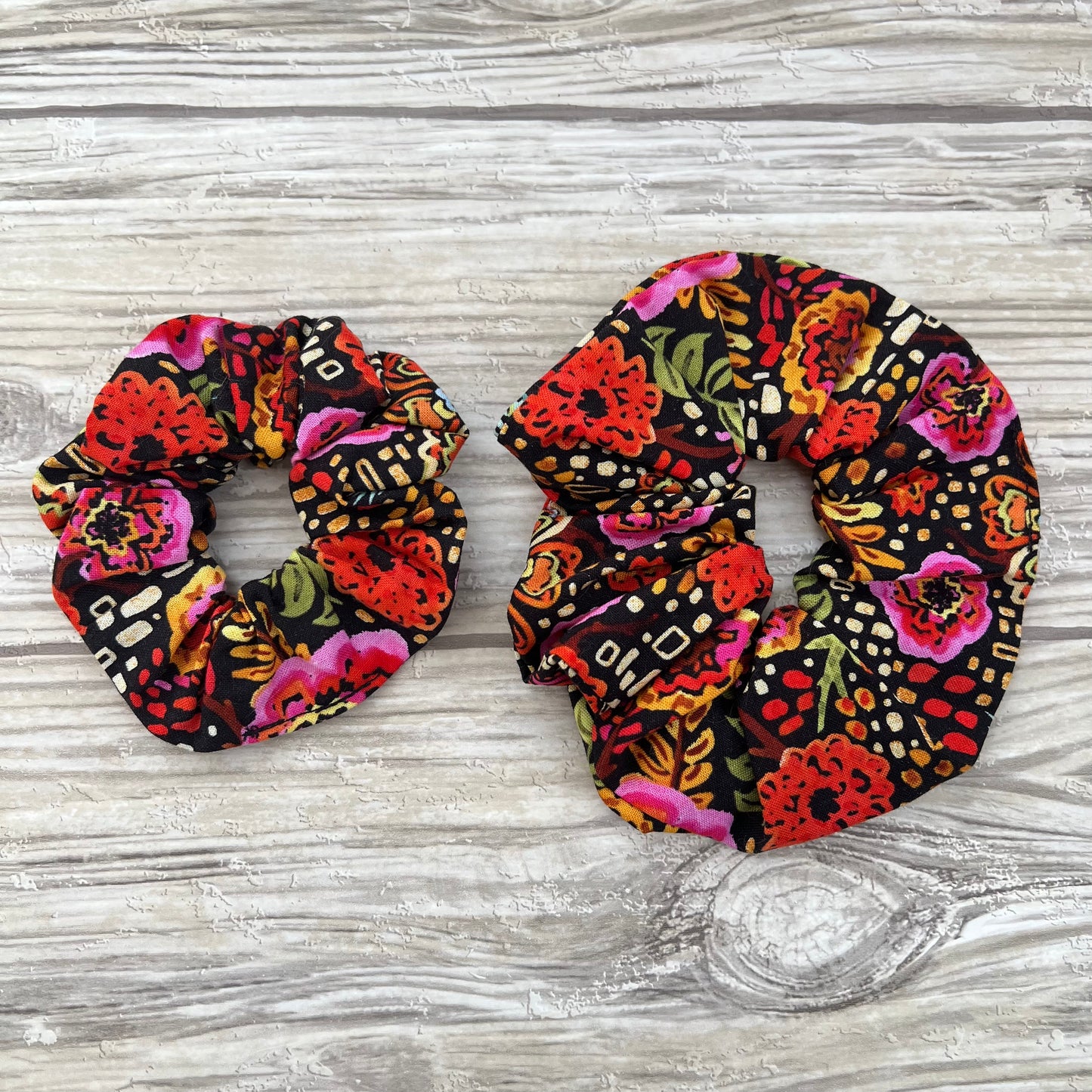 Black Retro Floral Cotton Scrunchie