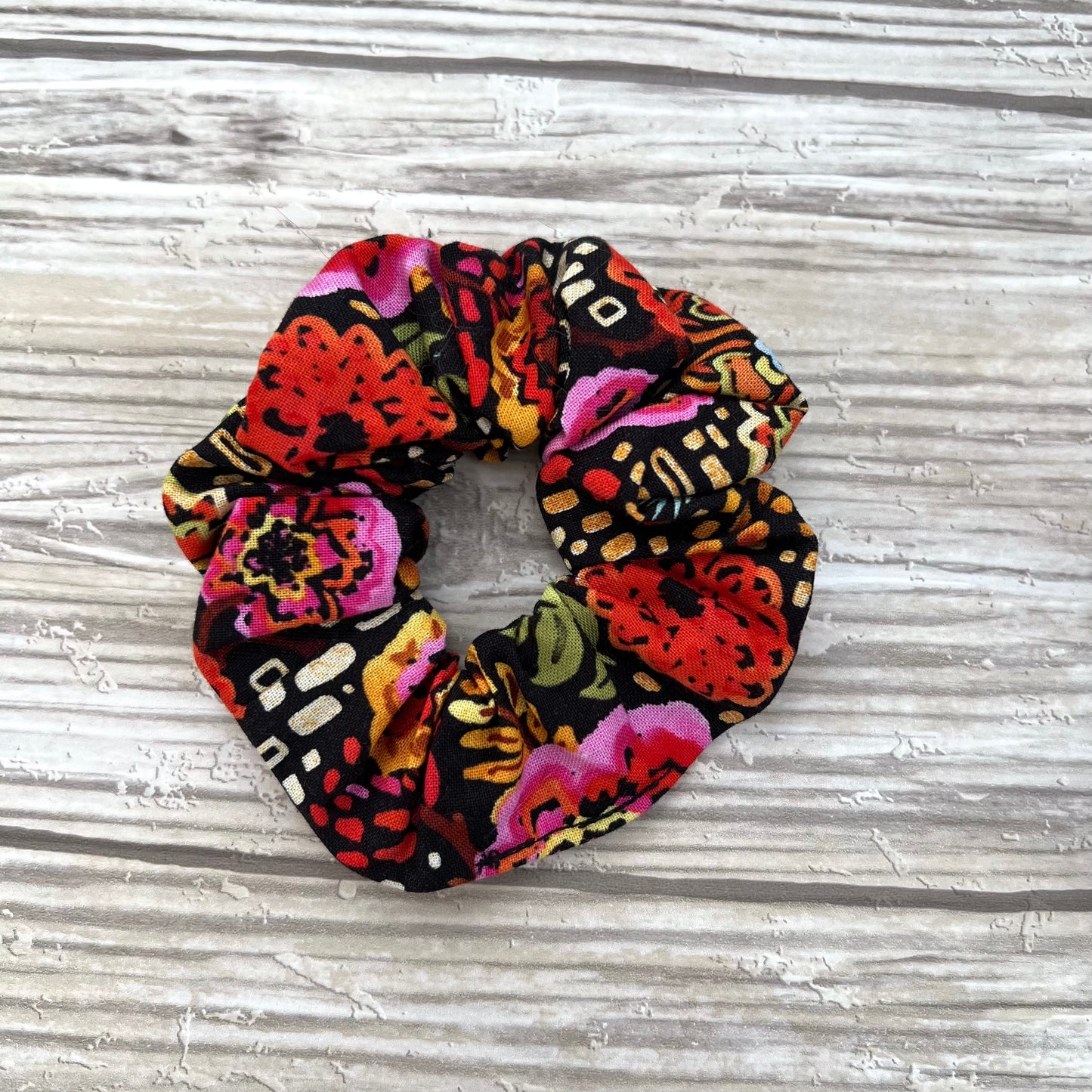 Black Retro Floral Cotton Scrunchie