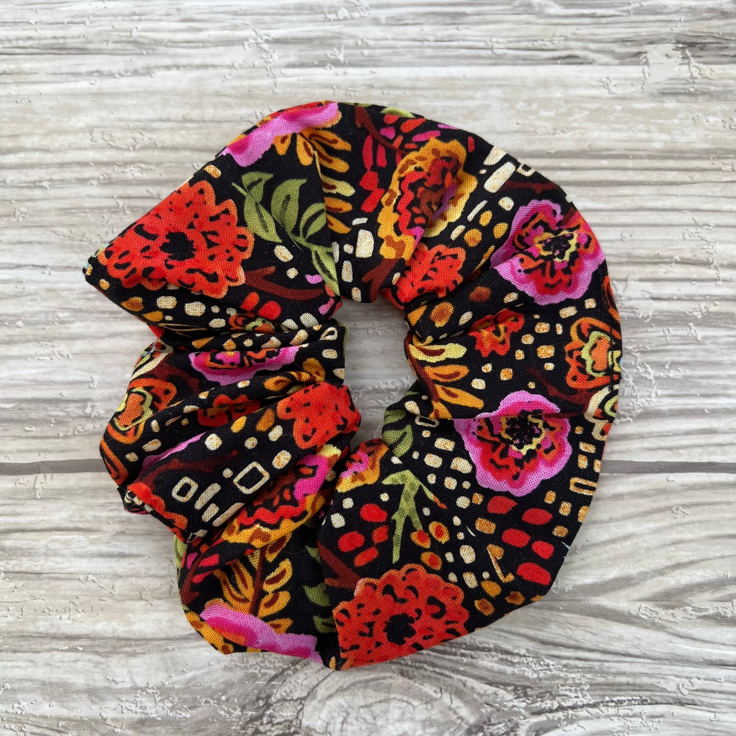 Black Retro Floral Cotton Scrunchie