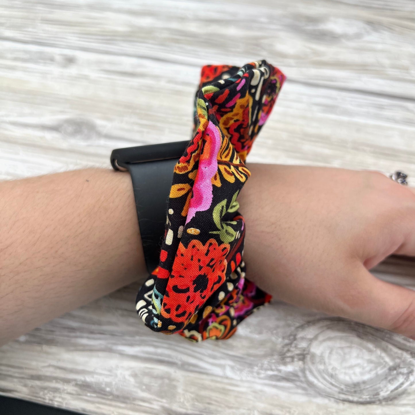 Black Retro Floral Cotton Scrunchie