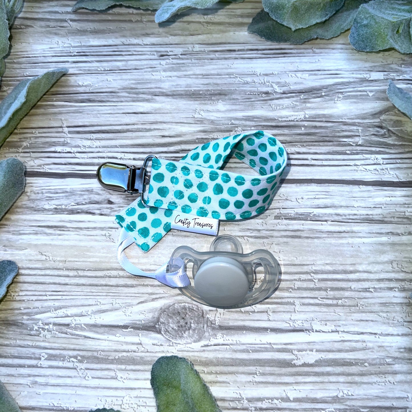 Aqua Dots on White Pacifier Clip