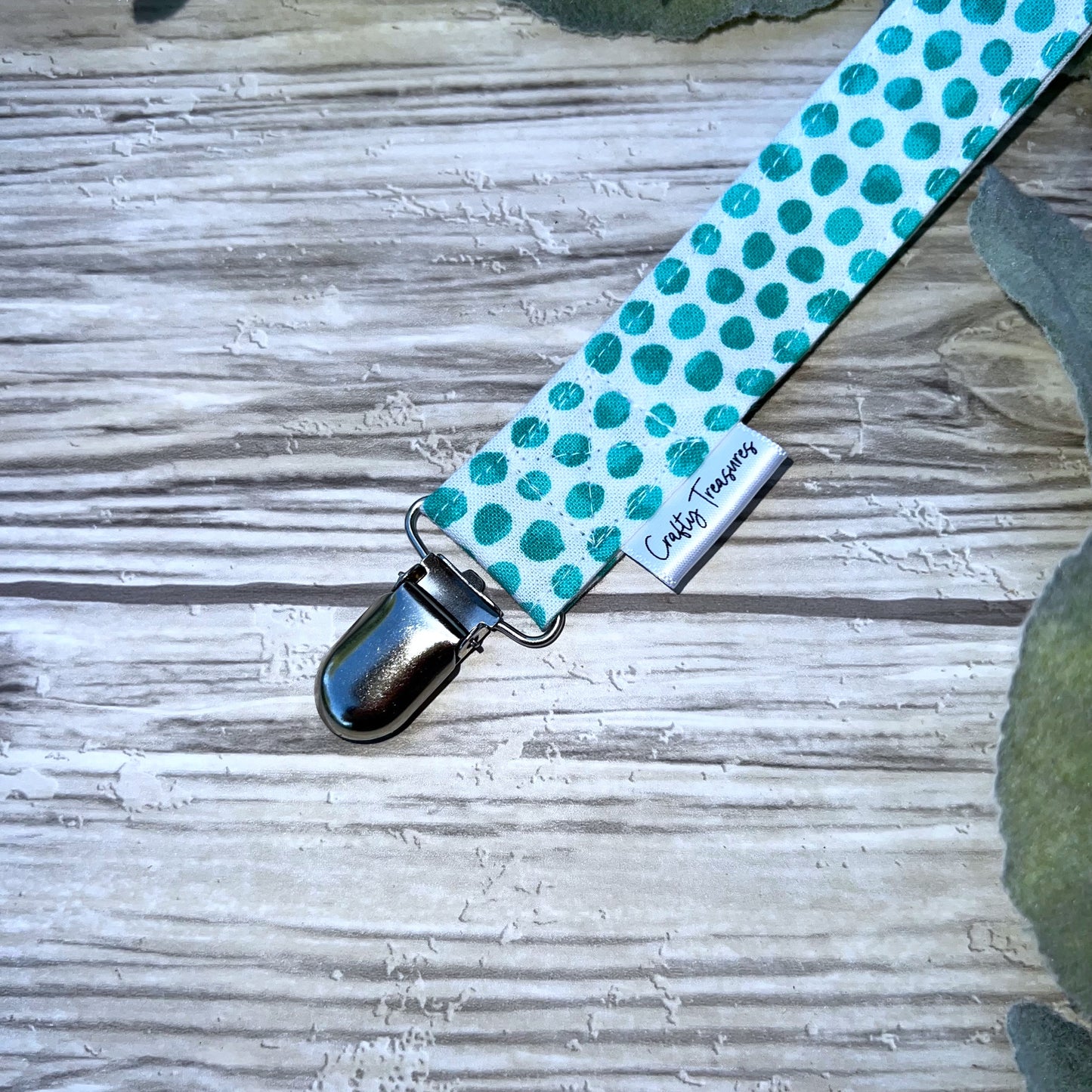 Aqua Dots on White Pacifier Clip