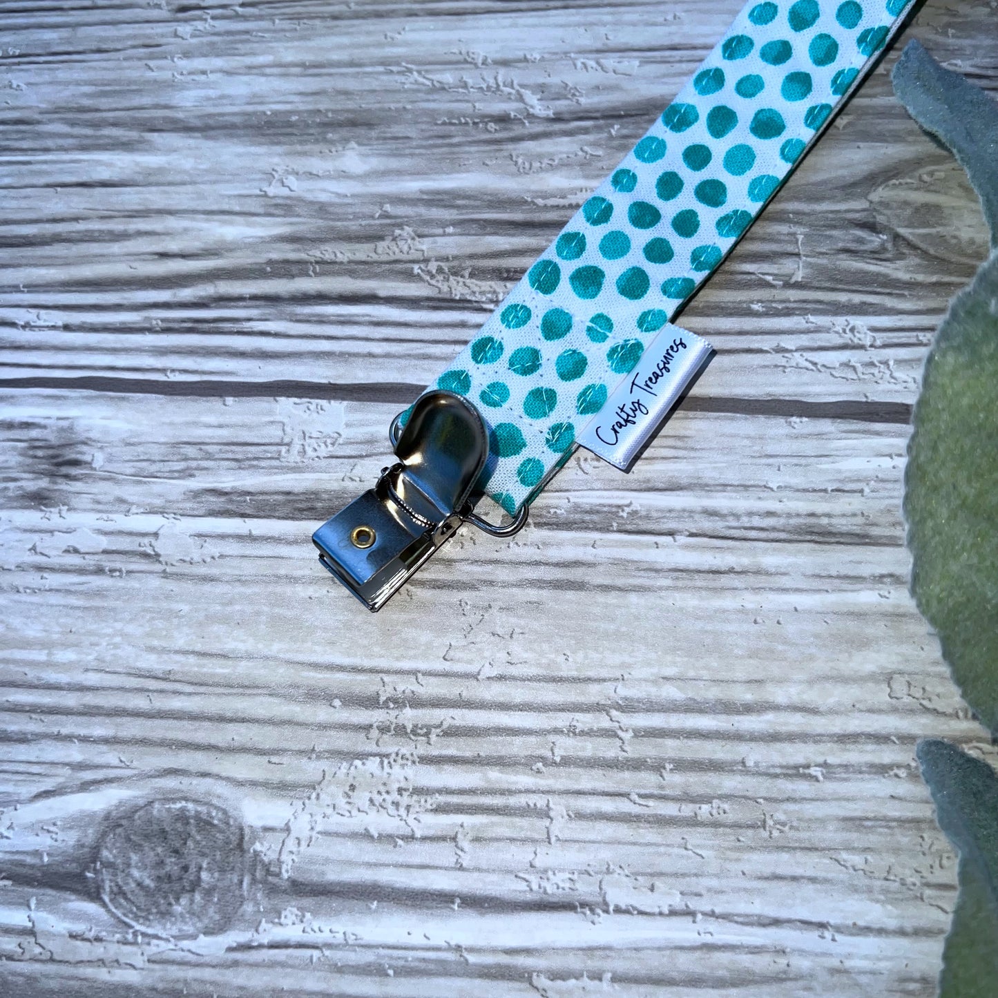 Aqua Dots on White Pacifier Clip