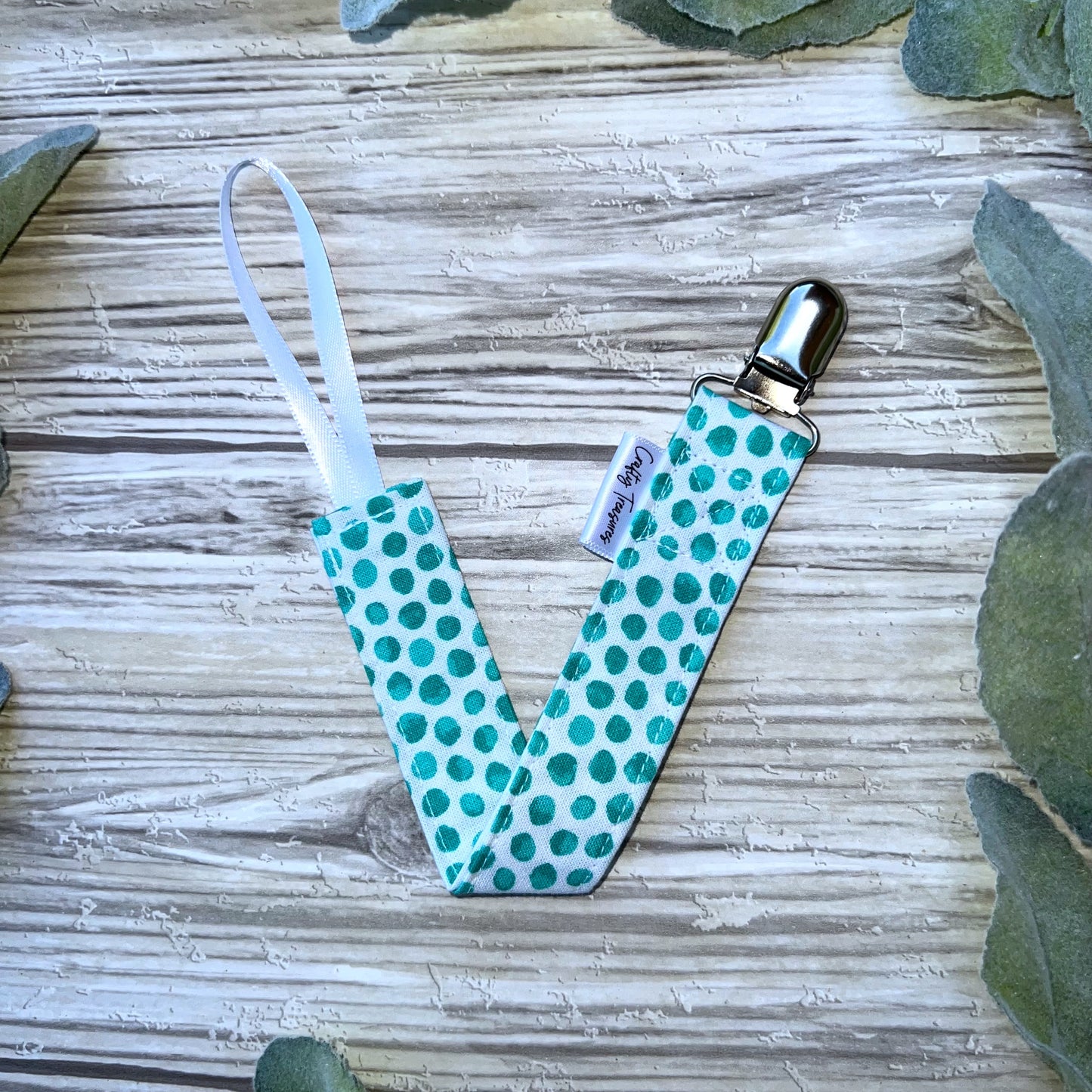 Aqua Dots on White Pacifier Clip