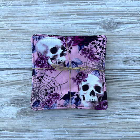 Pink Skulls And Fall Floral Halloween Fabric Coaster Set