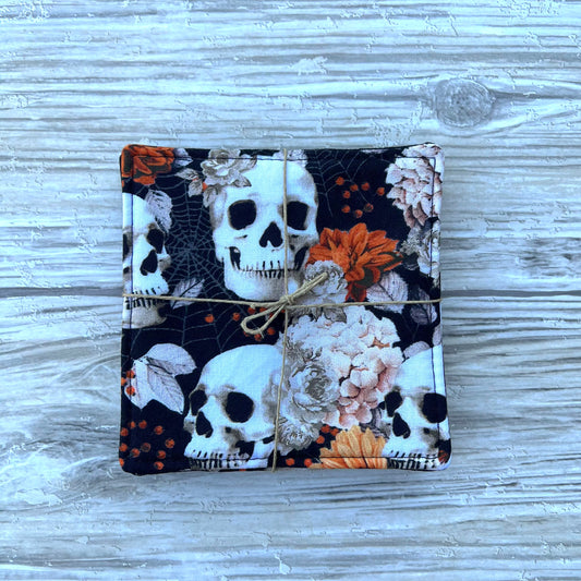Skulls And Fall Floral Halloween Fabric Coaster Set
