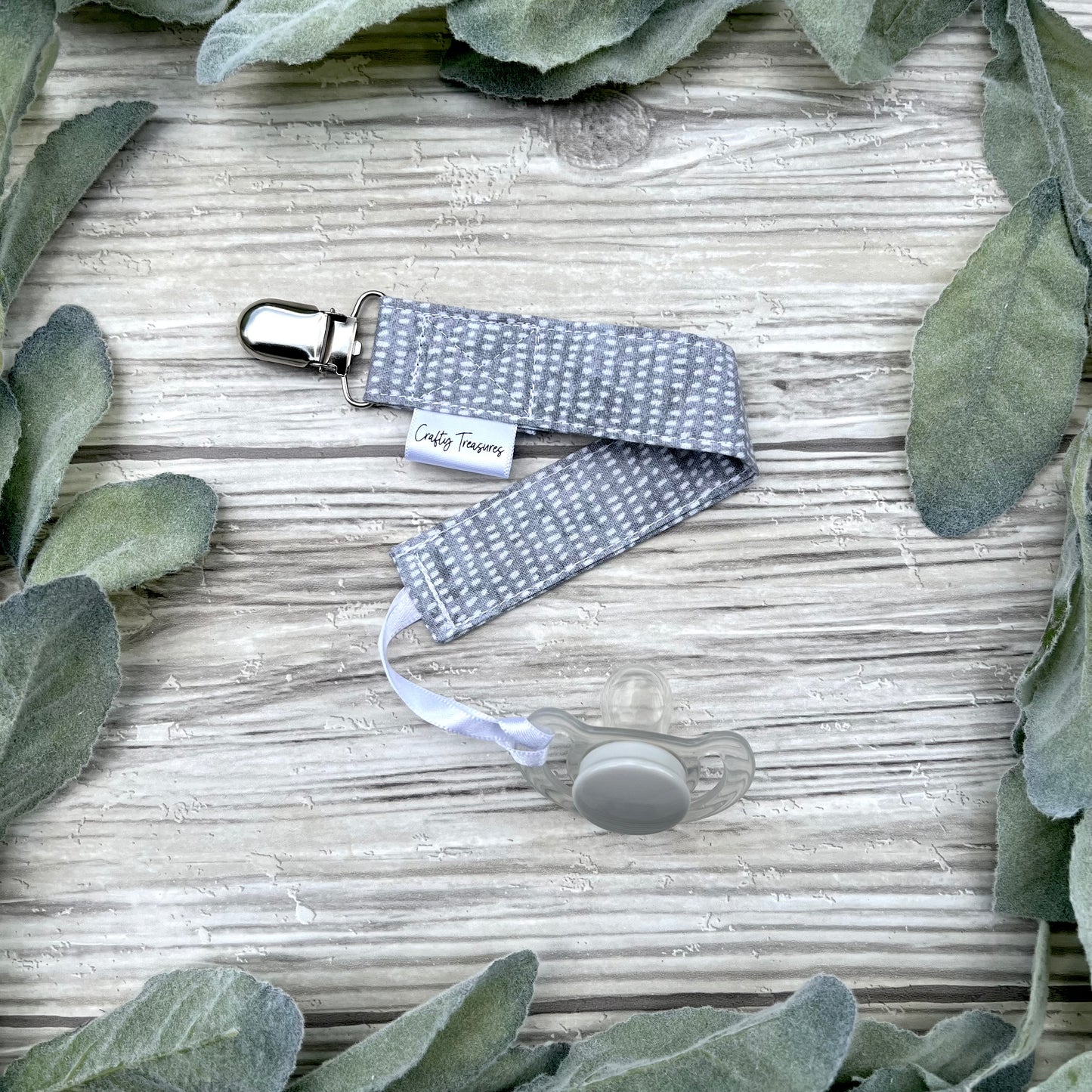 Small Grey Dots Pacifier Clip