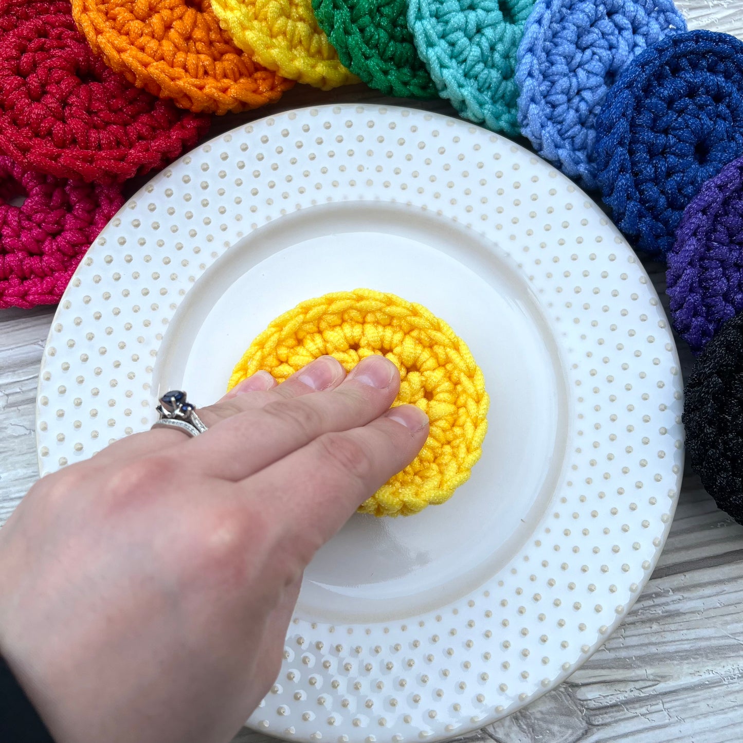 Yellow Nylon Crocheted Dish Scrubby